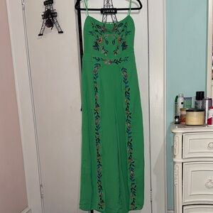 Green Jumpsuit with Floral Embroidery